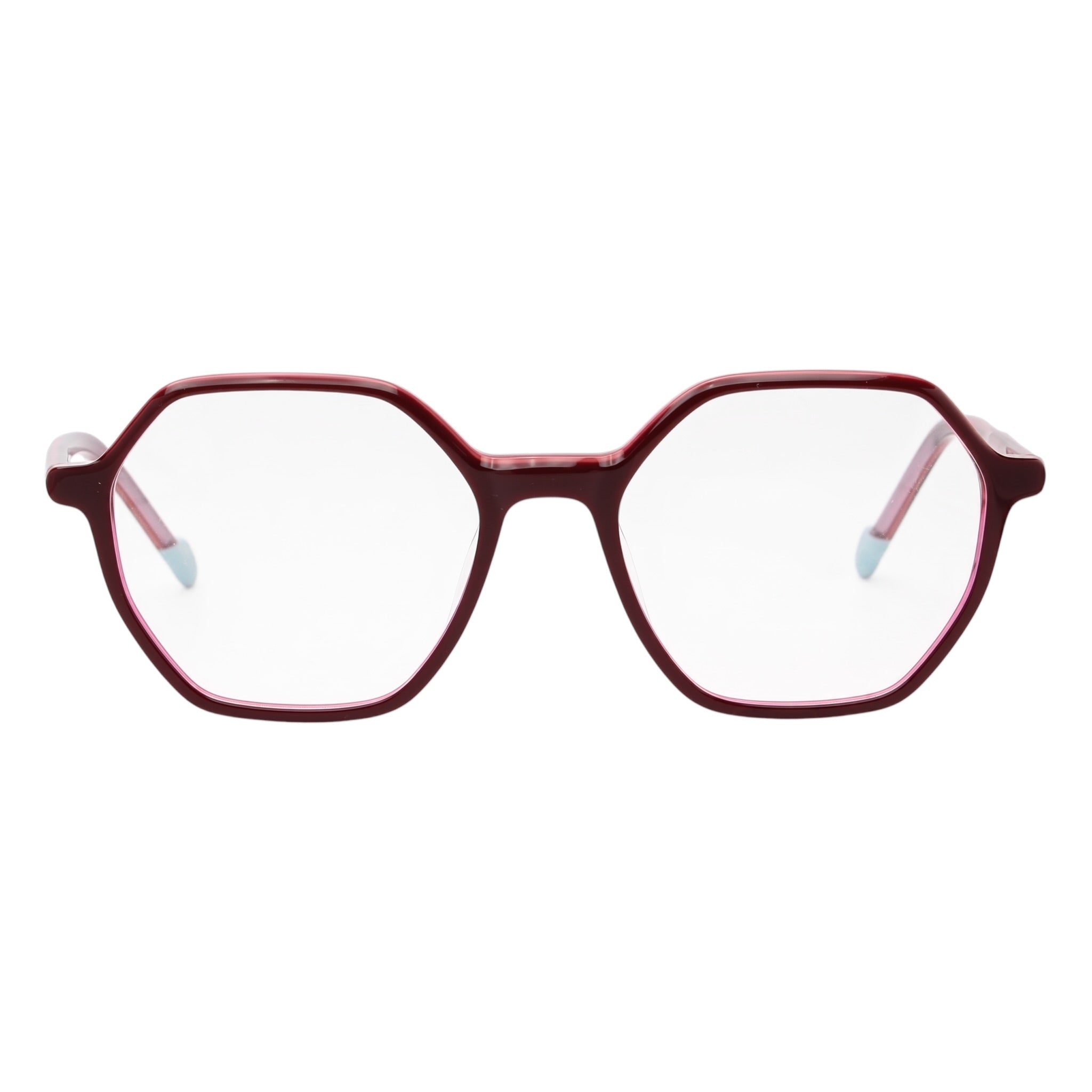 Oversized hexagonal eyeglasses with a translucent dark red frame and clear lenses, shown against a plain white background.