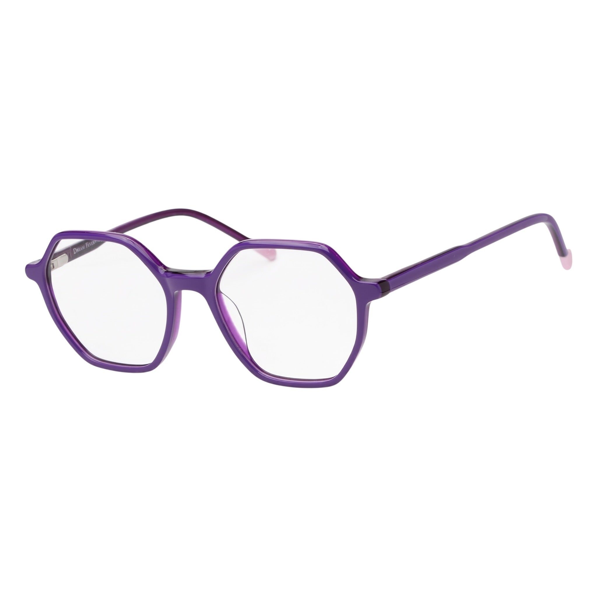 Purple geometric eyeglass frames with clear lenses and light pink temple tips, shown on a plain white background.