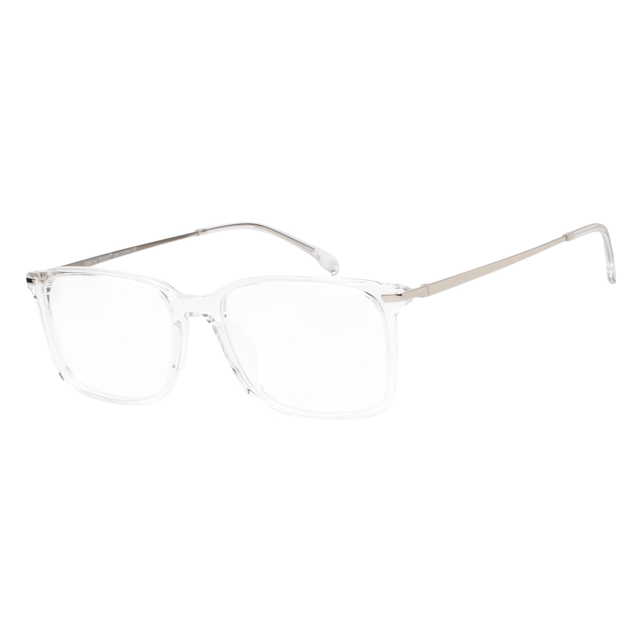 Clear acetate square eyeglass frames with silver metal temples, shown on a plain white background.