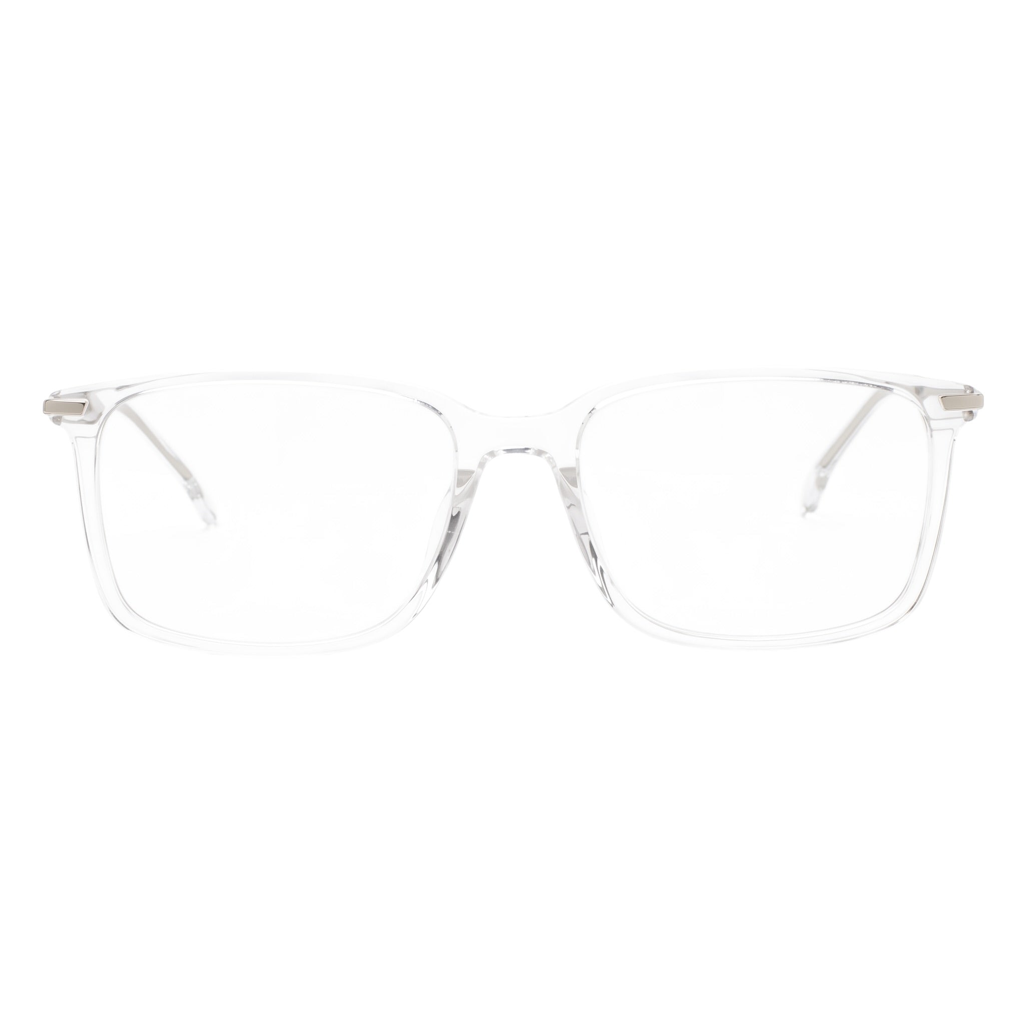 Clear acetate square eyeglasses frames with transparent lenses and silver metal temples, shown against a plain white background.