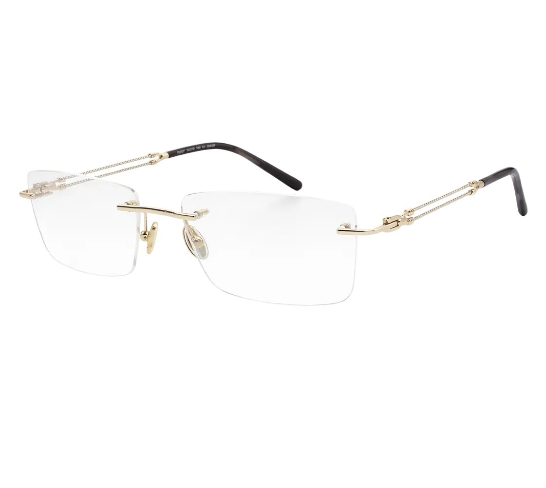 Rimless eyeglasses with a gold-tone metal frame, clear lenses, and black temple tips, shown on a plain white background.