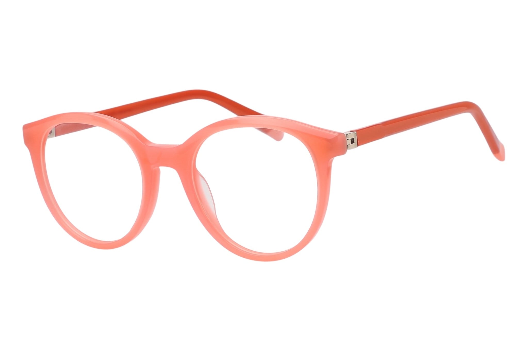 Blick Optical classic round eyeglasses in translucent coral acetate with a polished finish and lightweight frame.