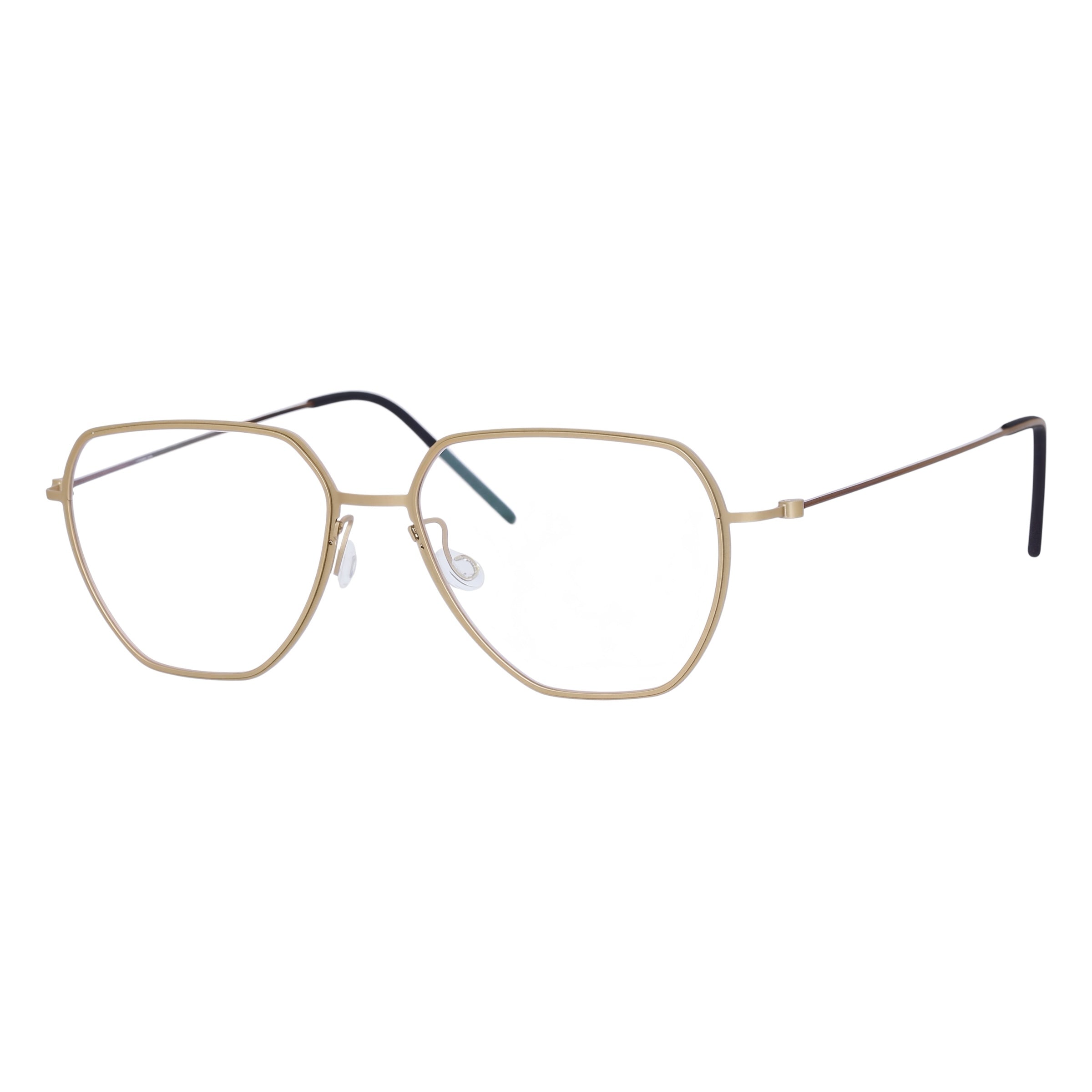 Blick Optical modern geometric gold metal eyeglasses with slender temples and adjustable nose pads.