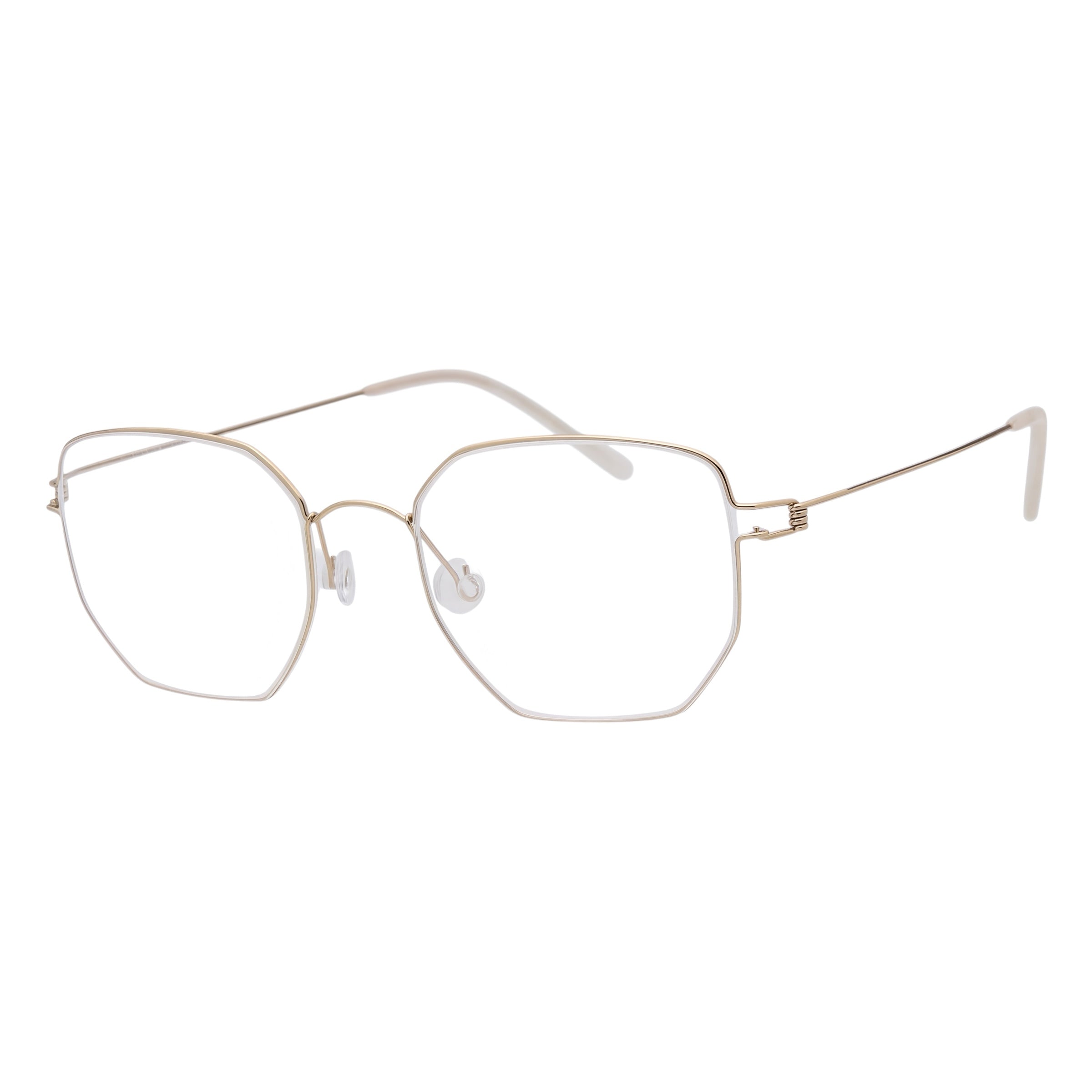 Blick Optical geometric metal frame eyeglasses in gold with a minimalist, lightweight design and adjustable nose pads.