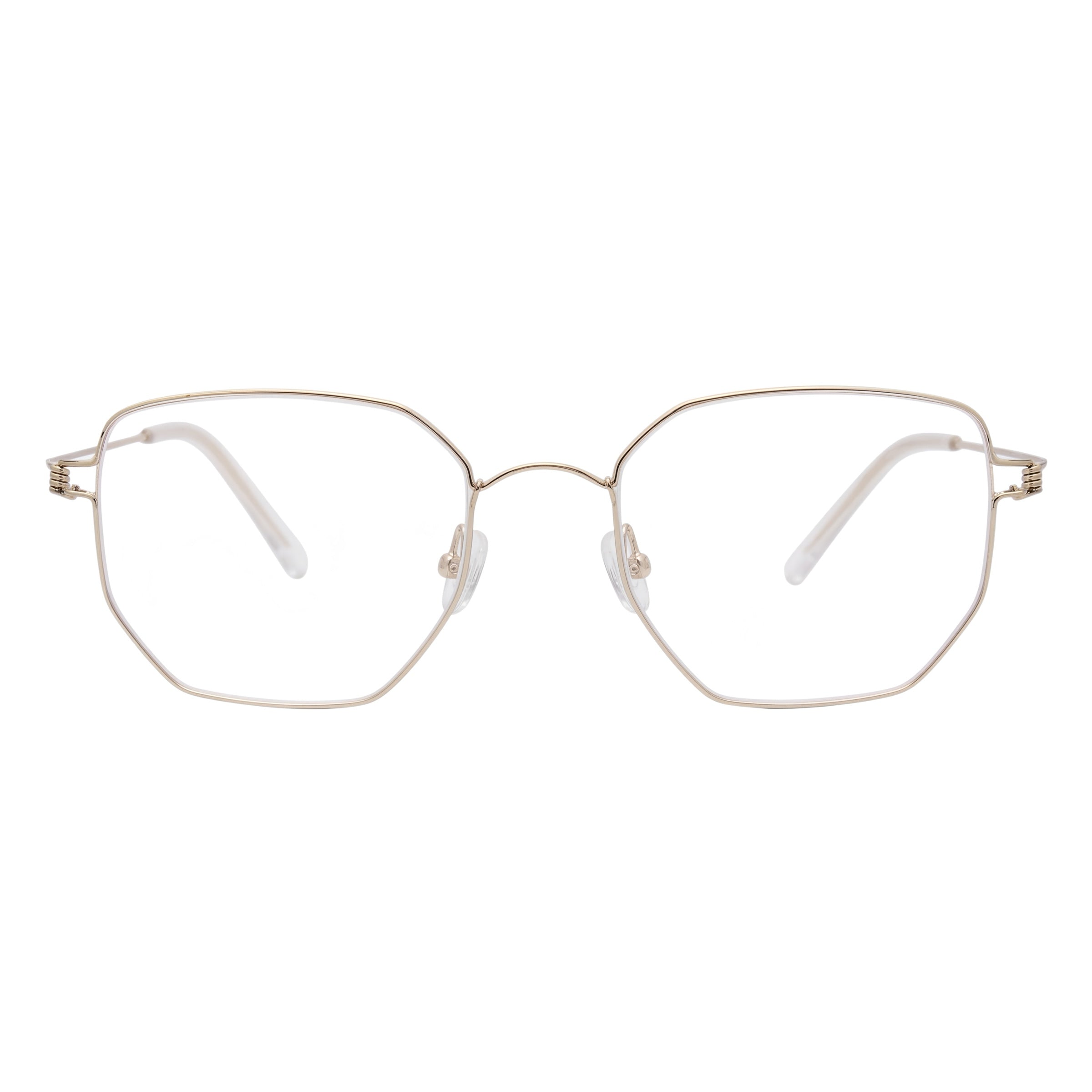 Blick Optical geometric metal frame eyeglasses with a slim gold finish and adjustable nose pads.