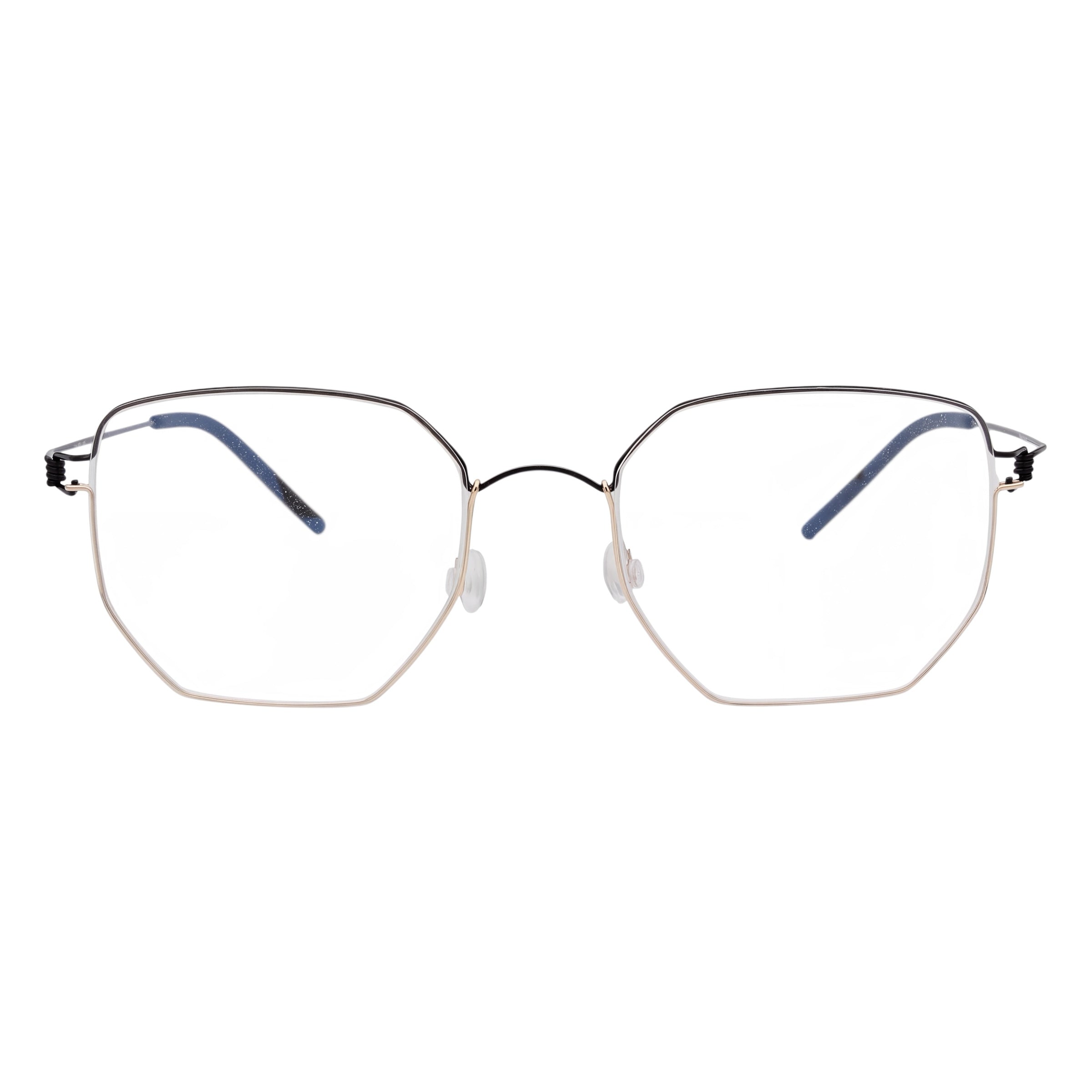 Blick Optical geometric metal frame eyeglasses with a slim, modern silhouette and adjustable nose pads.