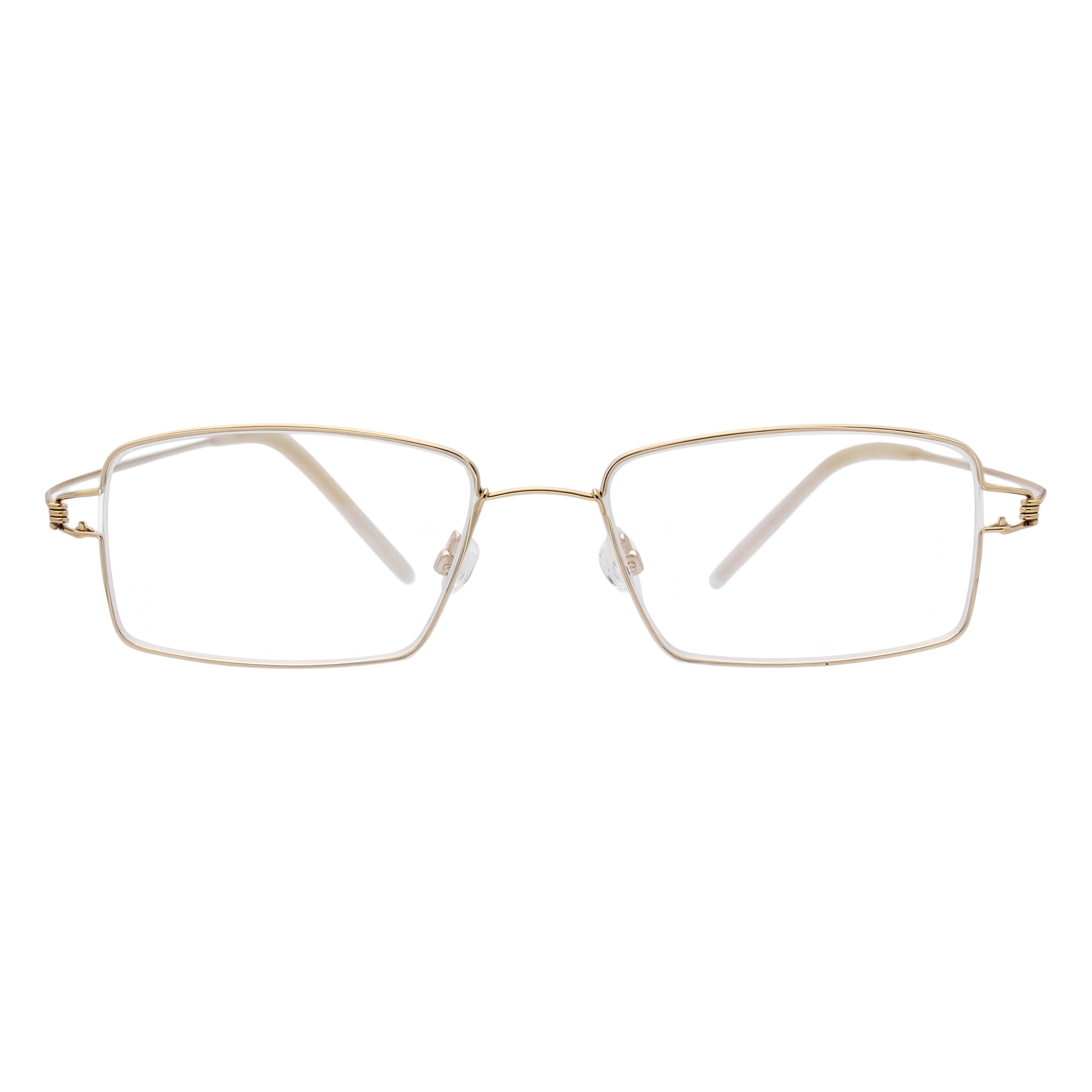 Blick Optical classic rectangular eyeglasses featuring a slim gold metal frame and adjustable nose pads.