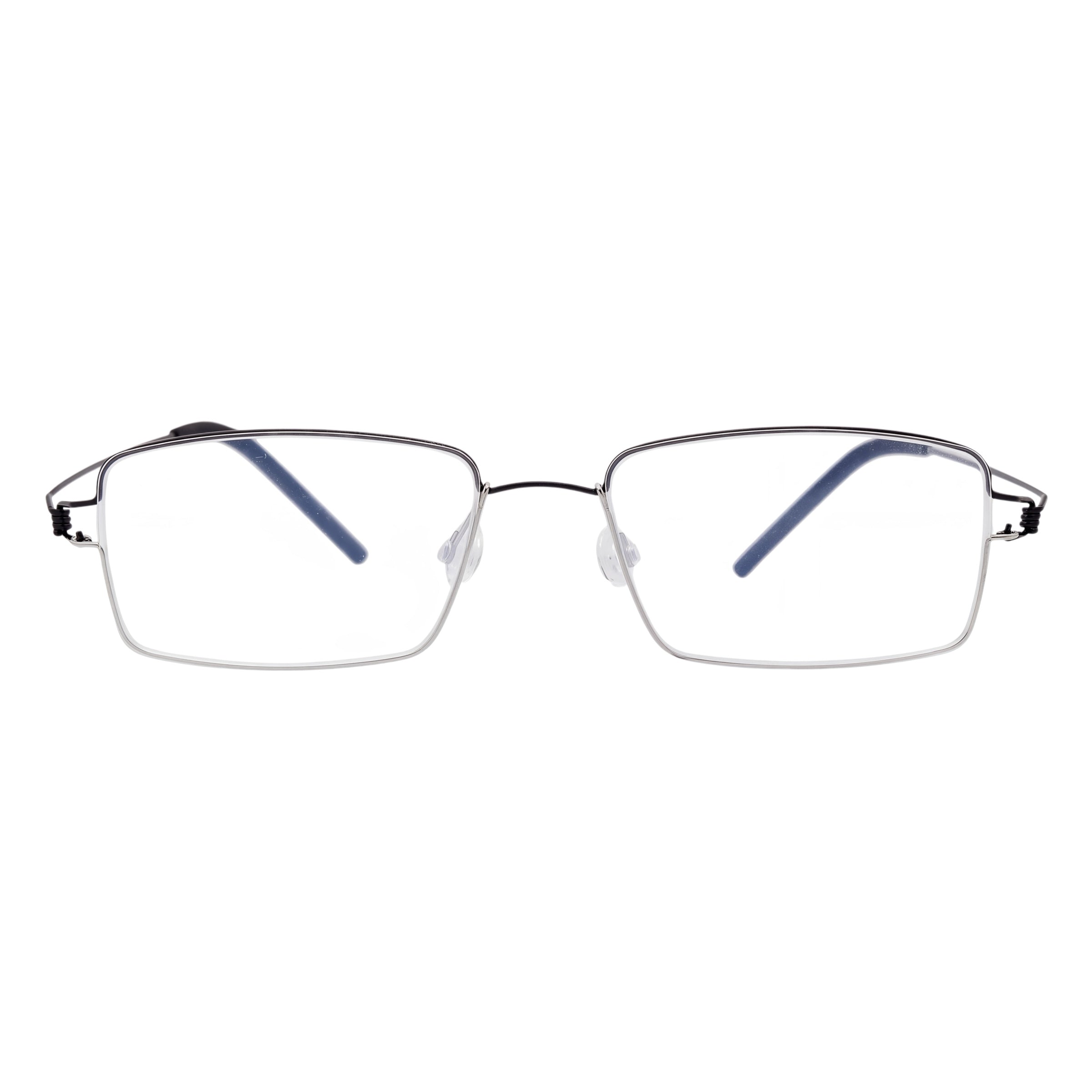 Blick Optical classic rectangular metal frame eyeglasses with a minimalist silver design and adjustable nose pads.