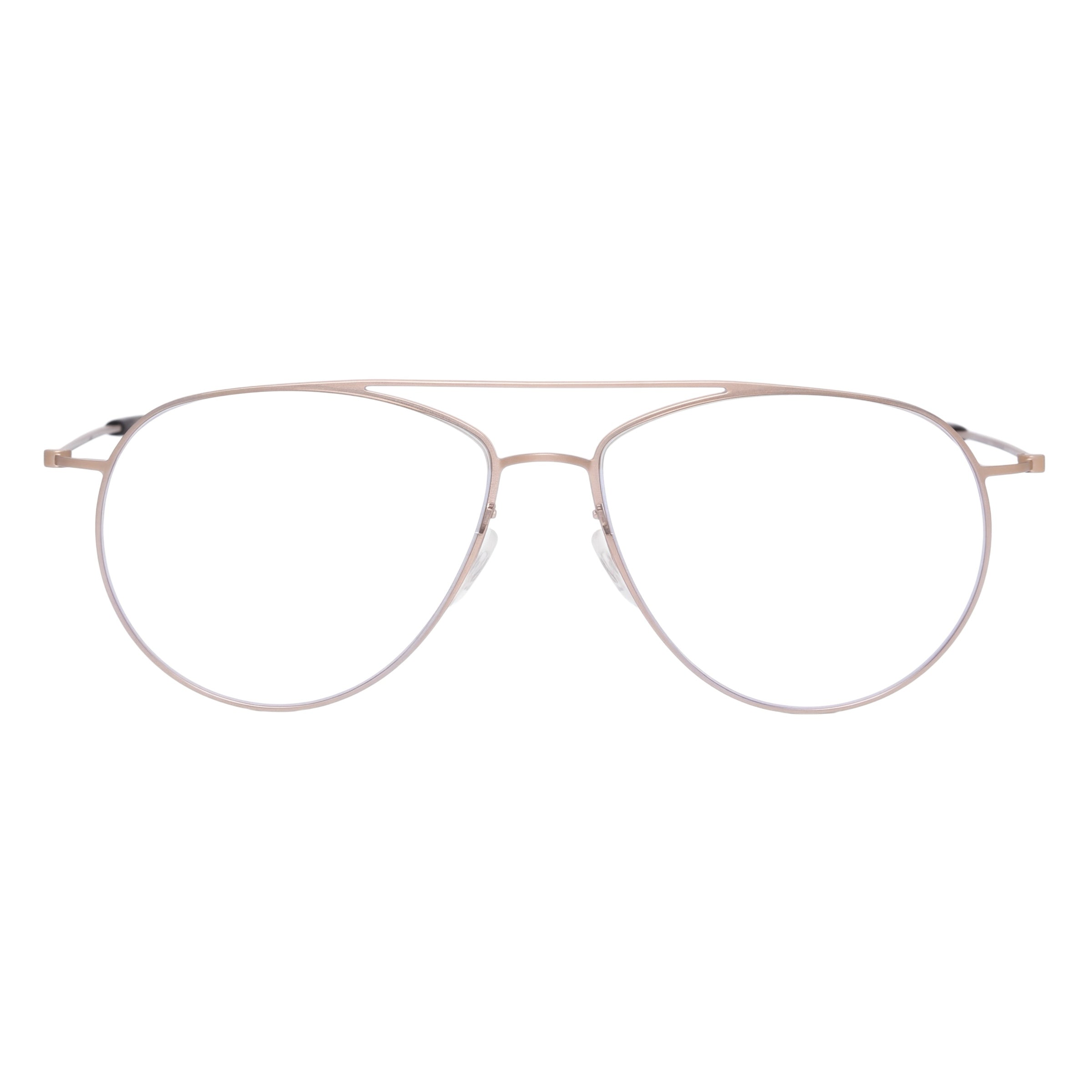 Blick Optical rose gold metal aviator eyeglasses with a minimalist double-bridge design and adjustable nose pads.