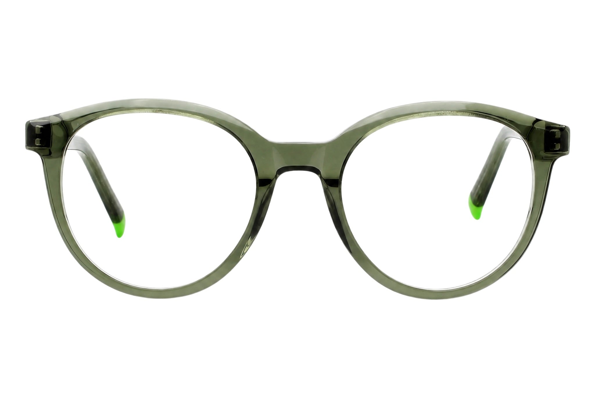 Blick Optical round eyeglasses featuring a translucent olive green frame with vibrant lime green temple tips.