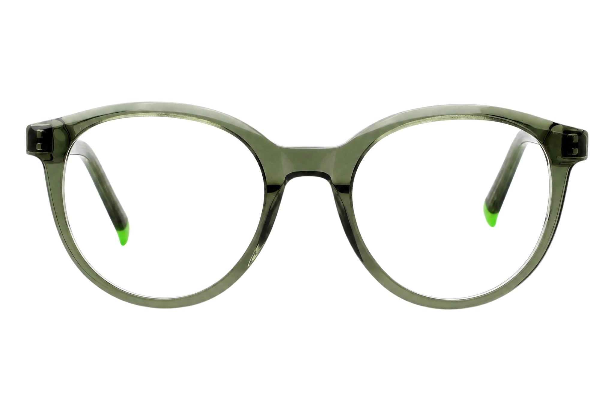 Blick Optical round eyeglasses featuring a translucent olive green frame with vibrant lime green temple tips.