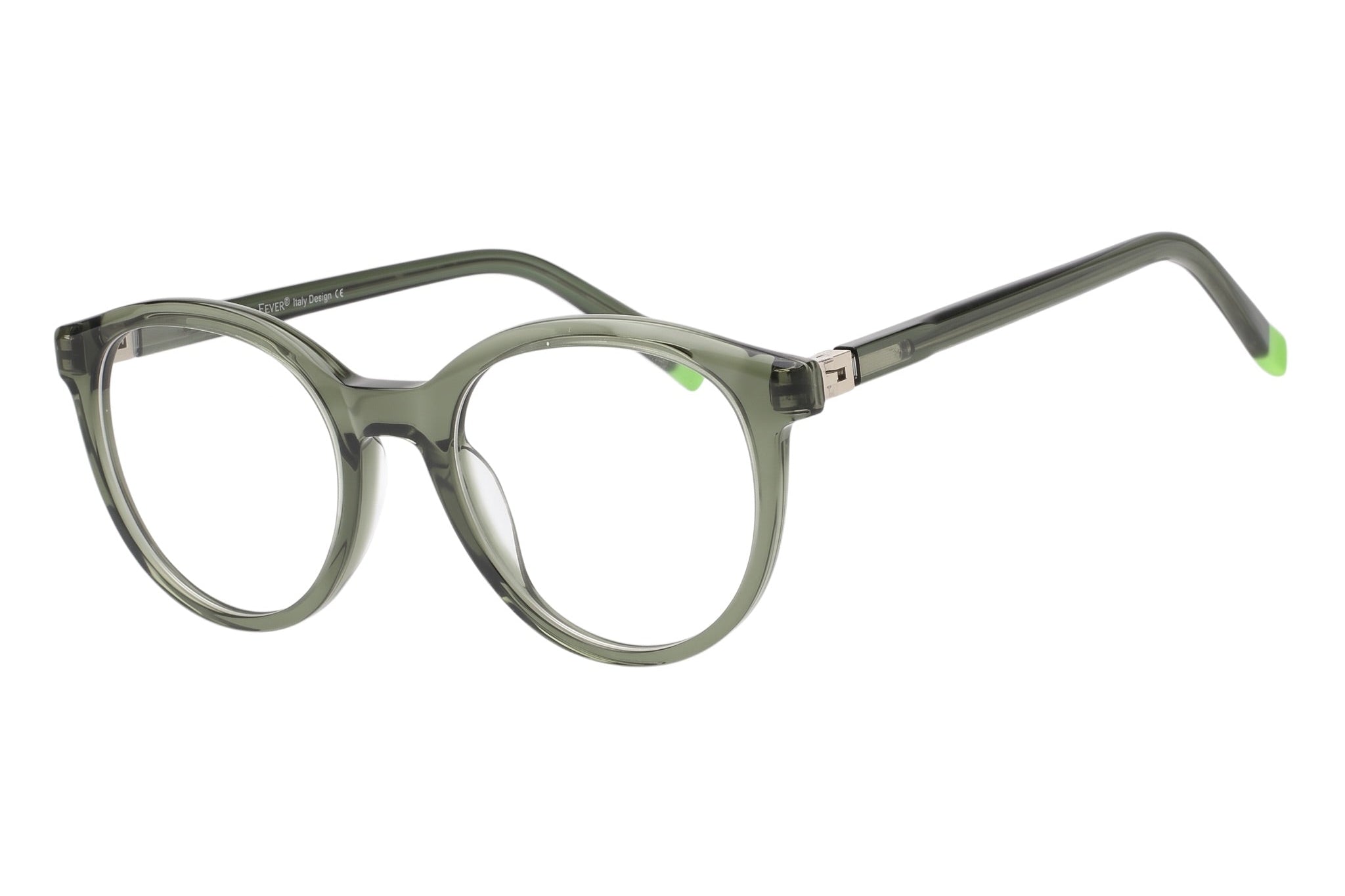 Blick Optical round eyeglasses with a translucent olive green frame and lime green temple tips.