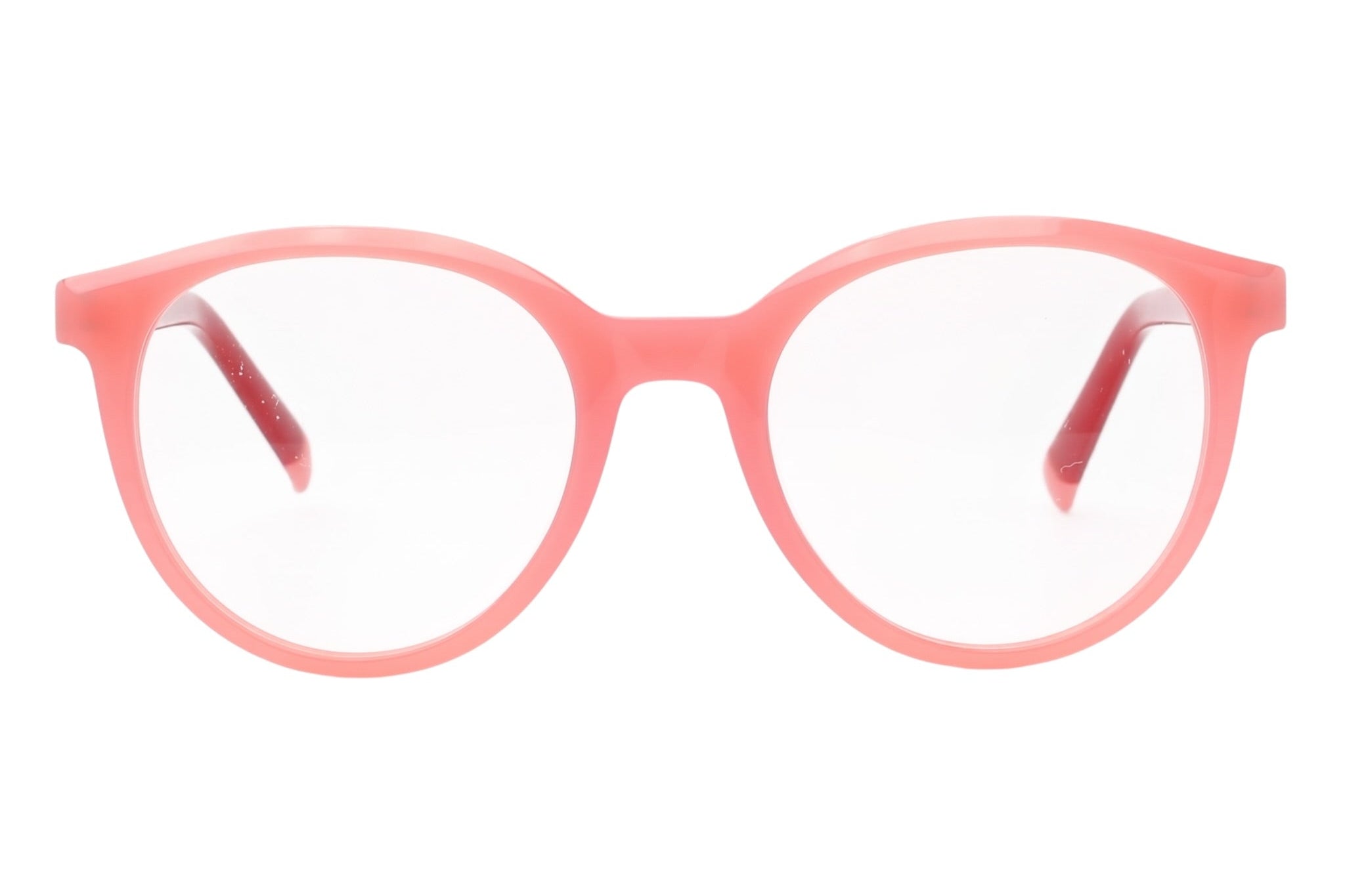 Blick Optical classic round eyeglasses frames in a vibrant translucent pink lightweight acetate finish.