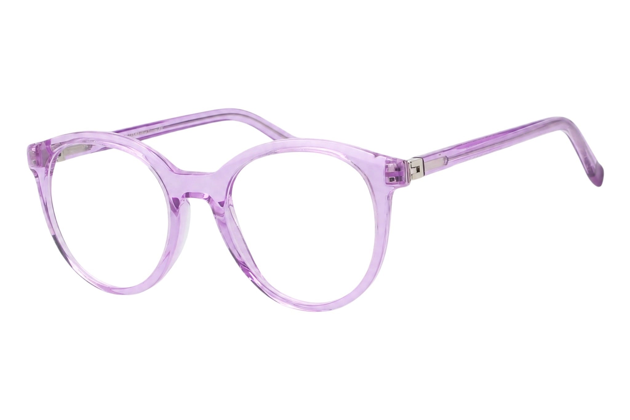 Blick Optical classic round eyeglasses frames in translucent purple lightweight acetate on a white background
