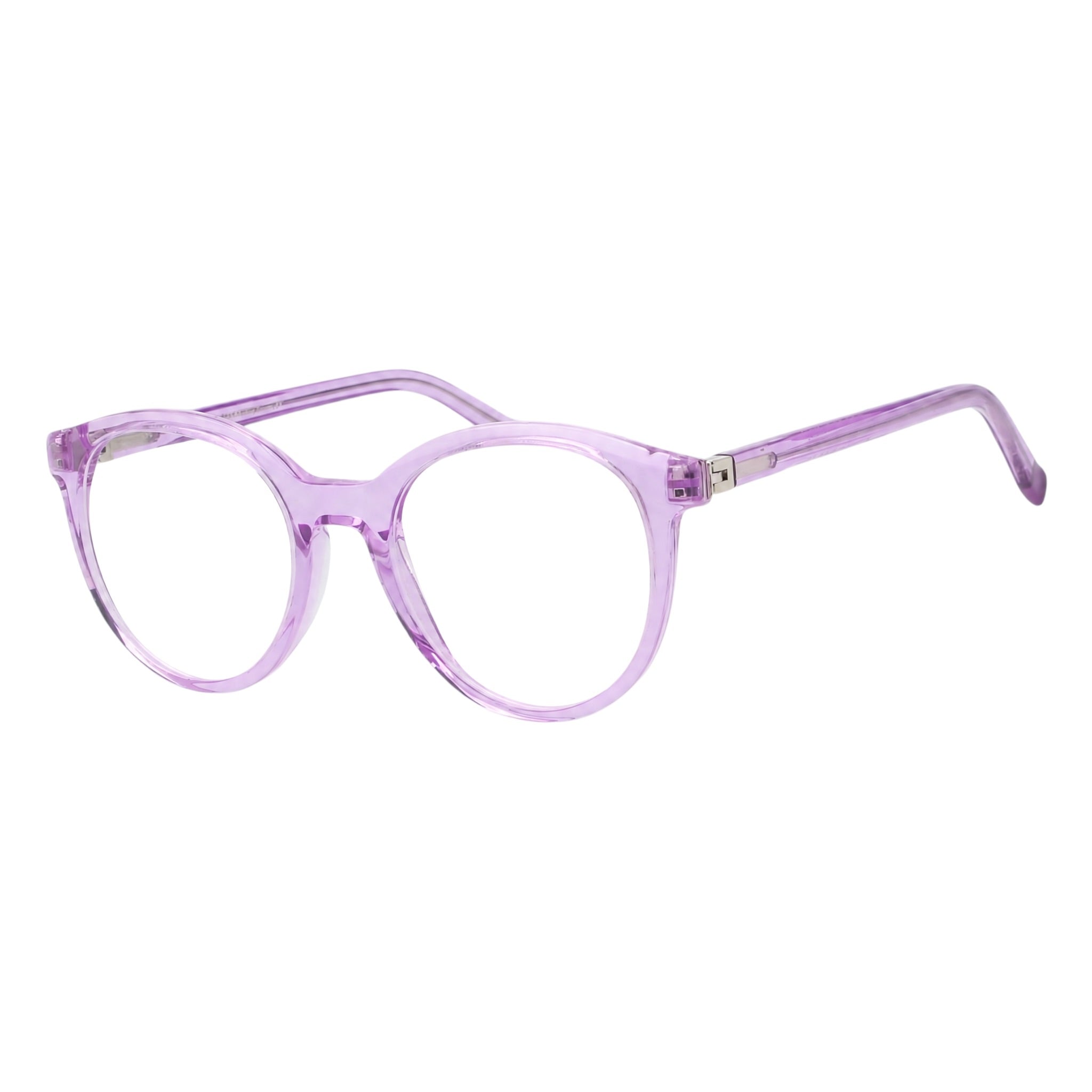 Blick Optical classic round eyeglasses frames in translucent purple lightweight acetate on a white background
