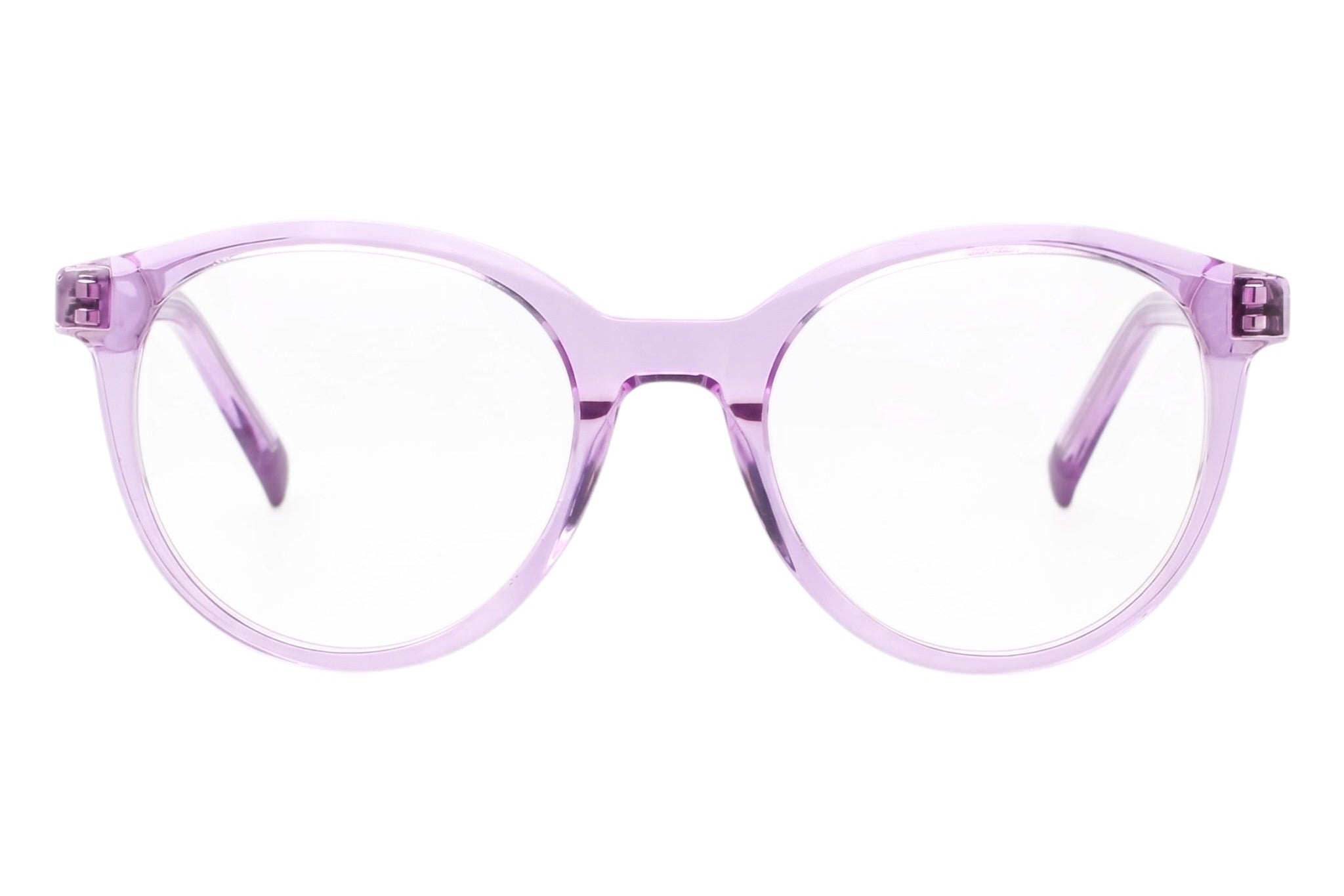 Blick Optical classic round eyeglasses in translucent purple acetate with a polished finish for a stylish look.