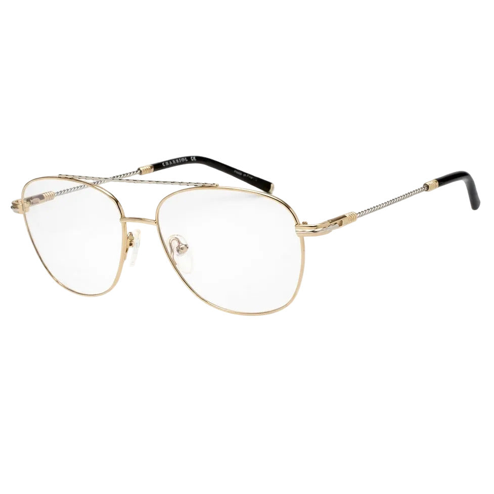 Gold-framed eyeglasses on a white background