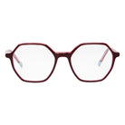 Oversized hexagonal eyeglasses with a translucent dark red frame and clear lenses, shown against a plain white background.