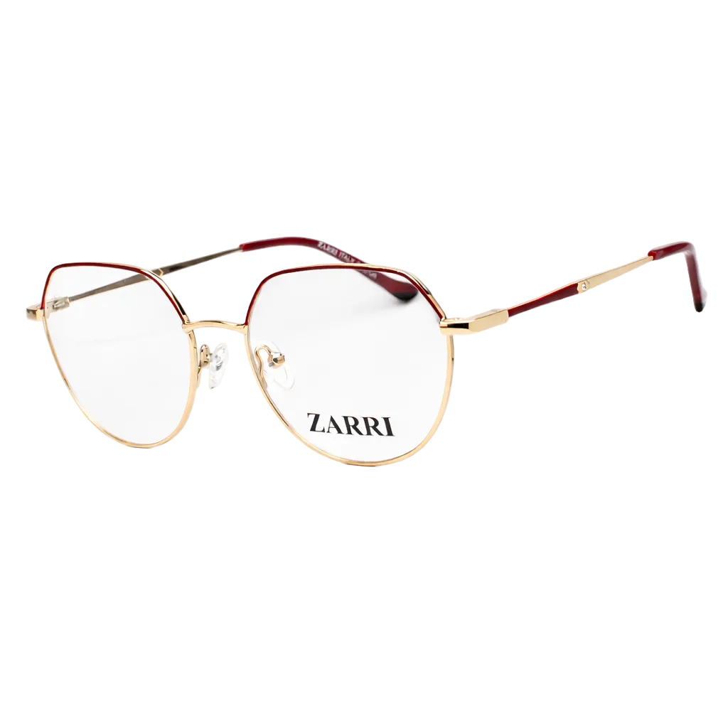 Gold and red eyeglasses with 'Zarri' branding on a white background