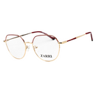 Gold and red eyeglasses with 'Zarri' branding on a white background
