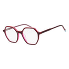 Oversized hexagonal eyeglasses with a translucent dark red frame, vibrant pink inner rims, and clear lenses, shown on a plain white background.