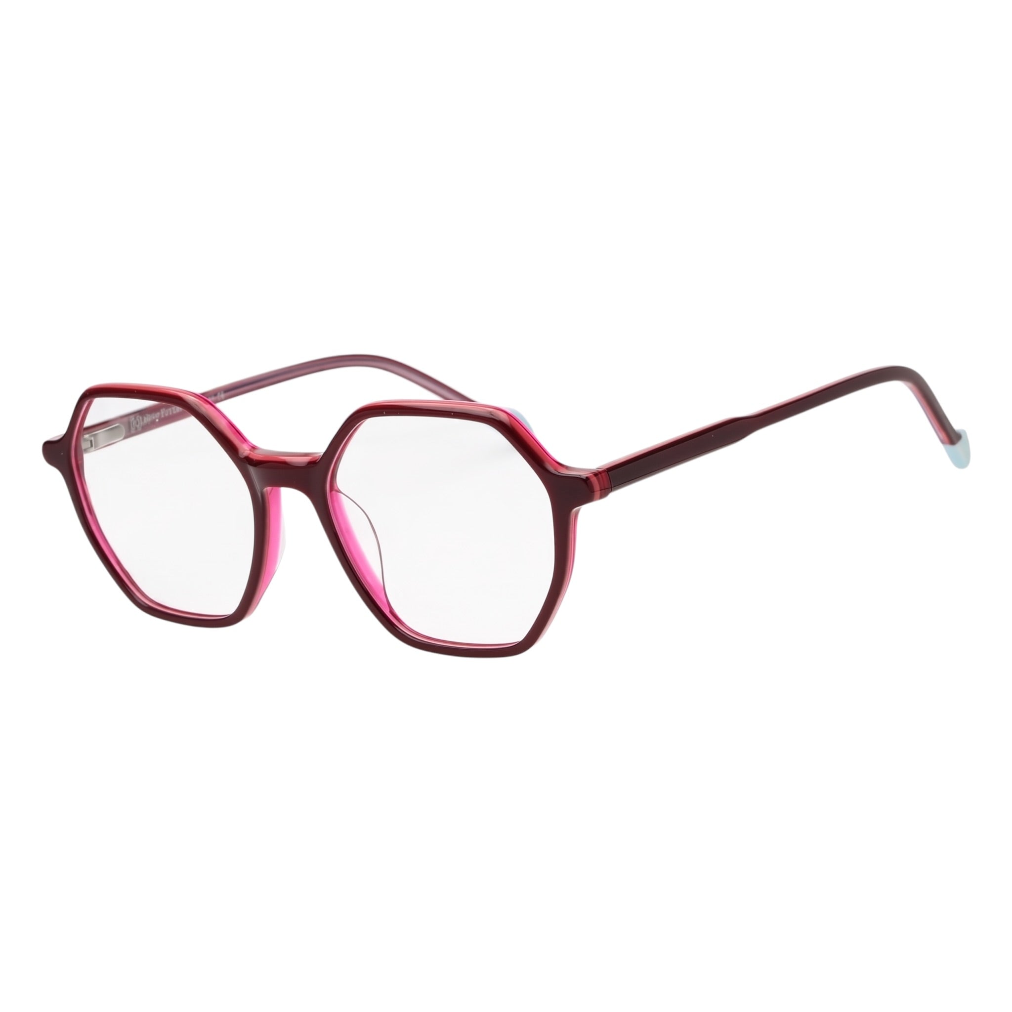 Oversized hexagonal eyeglasses with a translucent dark red frame, vibrant pink inner rims, and clear lenses, shown on a plain white background.