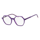 Purple geometric eyeglass frames with clear lenses and light pink temple tips, shown on a plain white background.