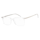 Clear acetate square eyeglass frames with silver metal temples, shown on a plain white background.