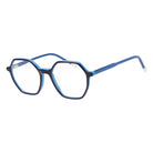 Blue and black geometric eyeglasses with clear lenses, shown from a three-quarters angle on a white background.