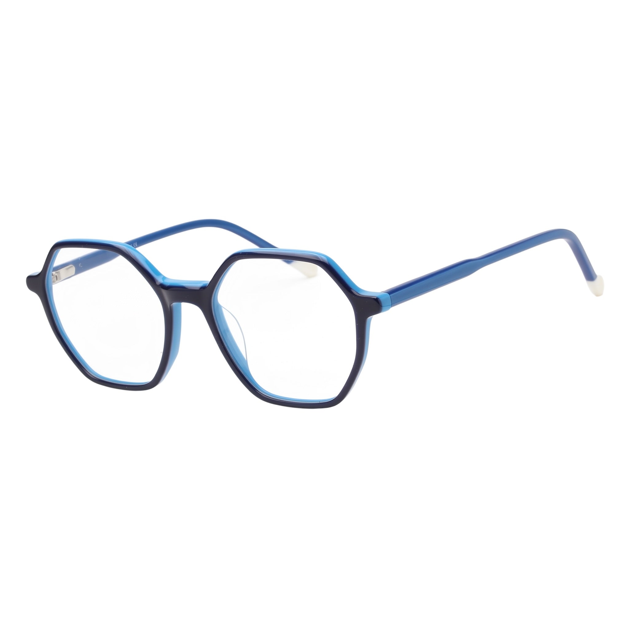 Blue and black geometric eyeglasses with clear lenses, shown from a three-quarters angle on a white background.