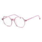 Pink translucent octagonal eyeglass frames with clear lenses and matching pink temples, shown on a plain white background.