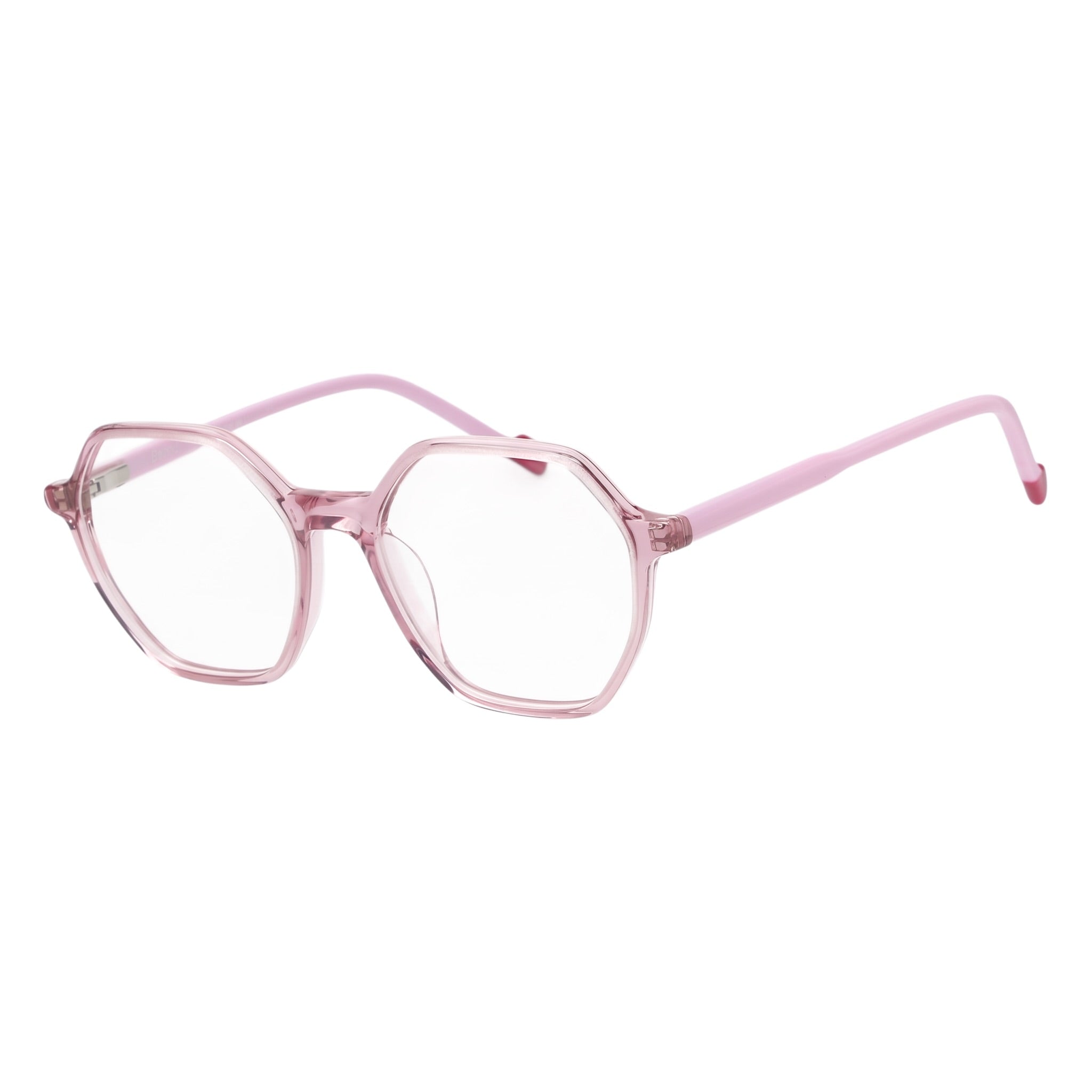 Pink translucent octagonal eyeglass frames with clear lenses and matching pink temples, shown on a plain white background.