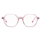 Pink translucent octagonal eyeglass frames with clear lenses and pink temple tips, shown against a plain white background.