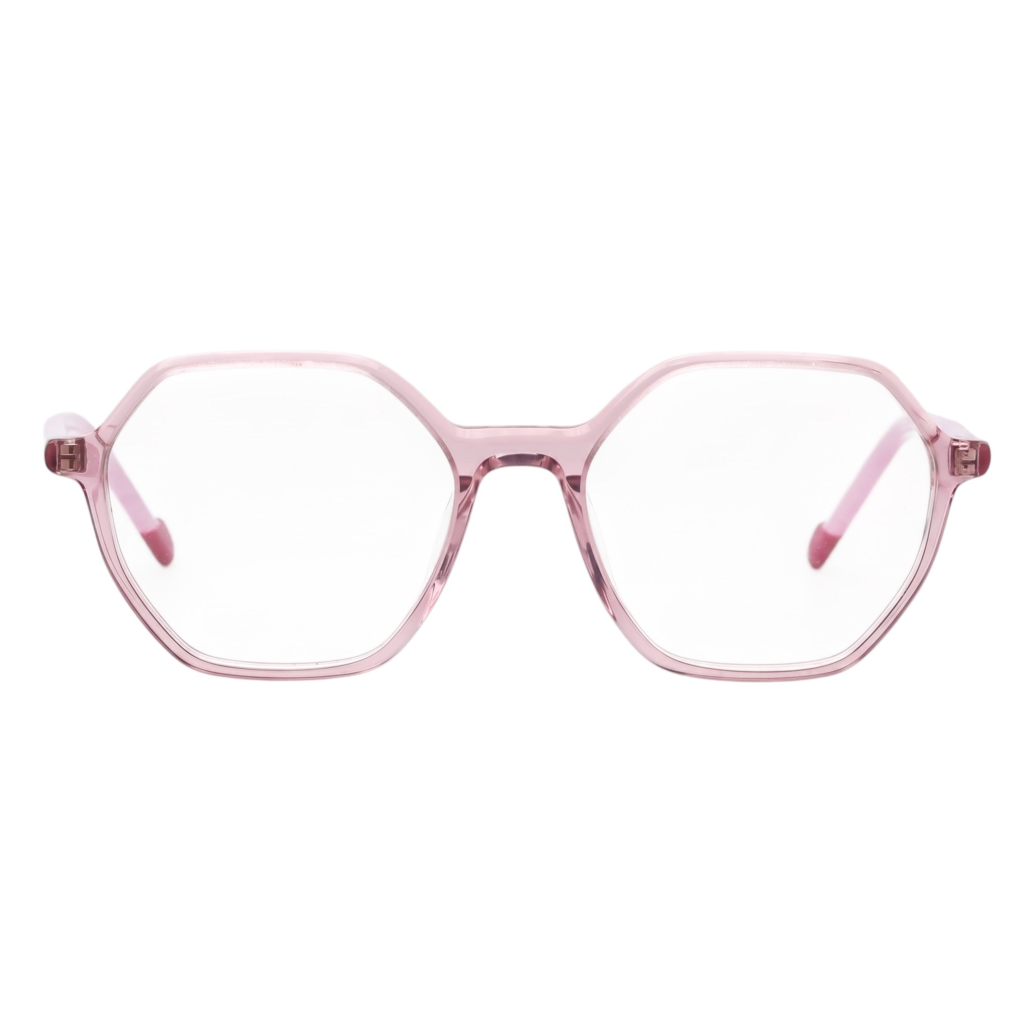 Pink translucent octagonal eyeglass frames with clear lenses and pink temple tips, shown against a plain white background.