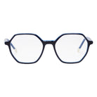 Hexagonal eyeglasses with a dark navy blue acetate frame and clear lenses, shown from a front-facing perspective on a white background.