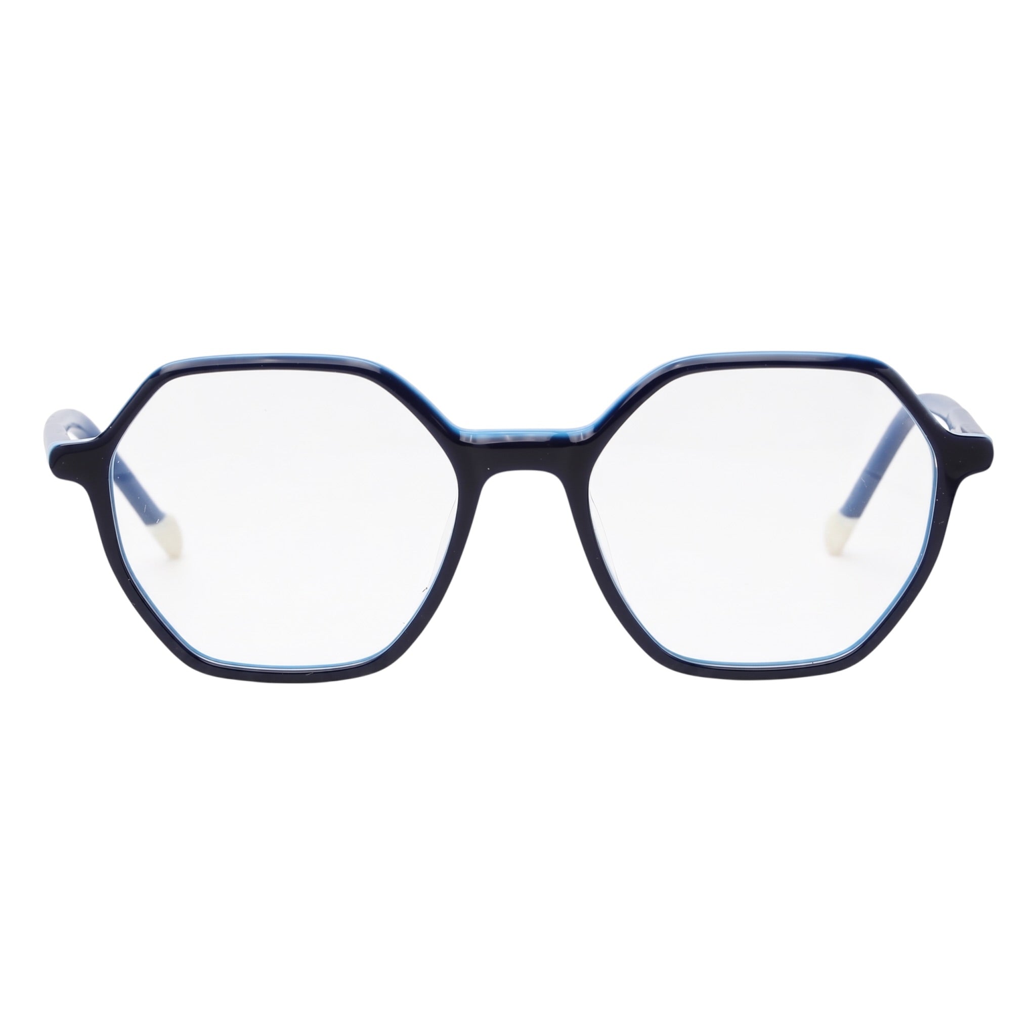 Hexagonal eyeglasses with a dark navy blue acetate frame and clear lenses, shown from a front-facing perspective on a white background.