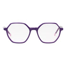 Purple octagonal eyeglass frames with clear lenses and light pink inner temple tips, shown against a plain white background.