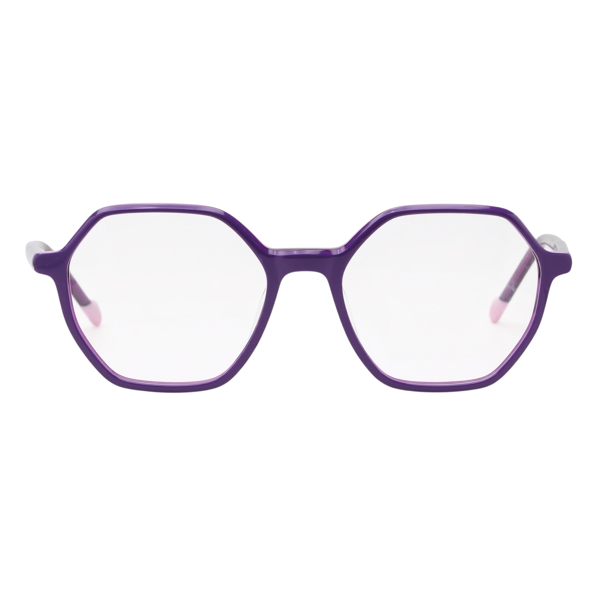 Purple octagonal eyeglass frames with clear lenses and light pink inner temple tips, shown against a plain white background.