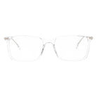 Clear acetate square eyeglasses frames with transparent lenses and silver metal temples, shown against a plain white background.