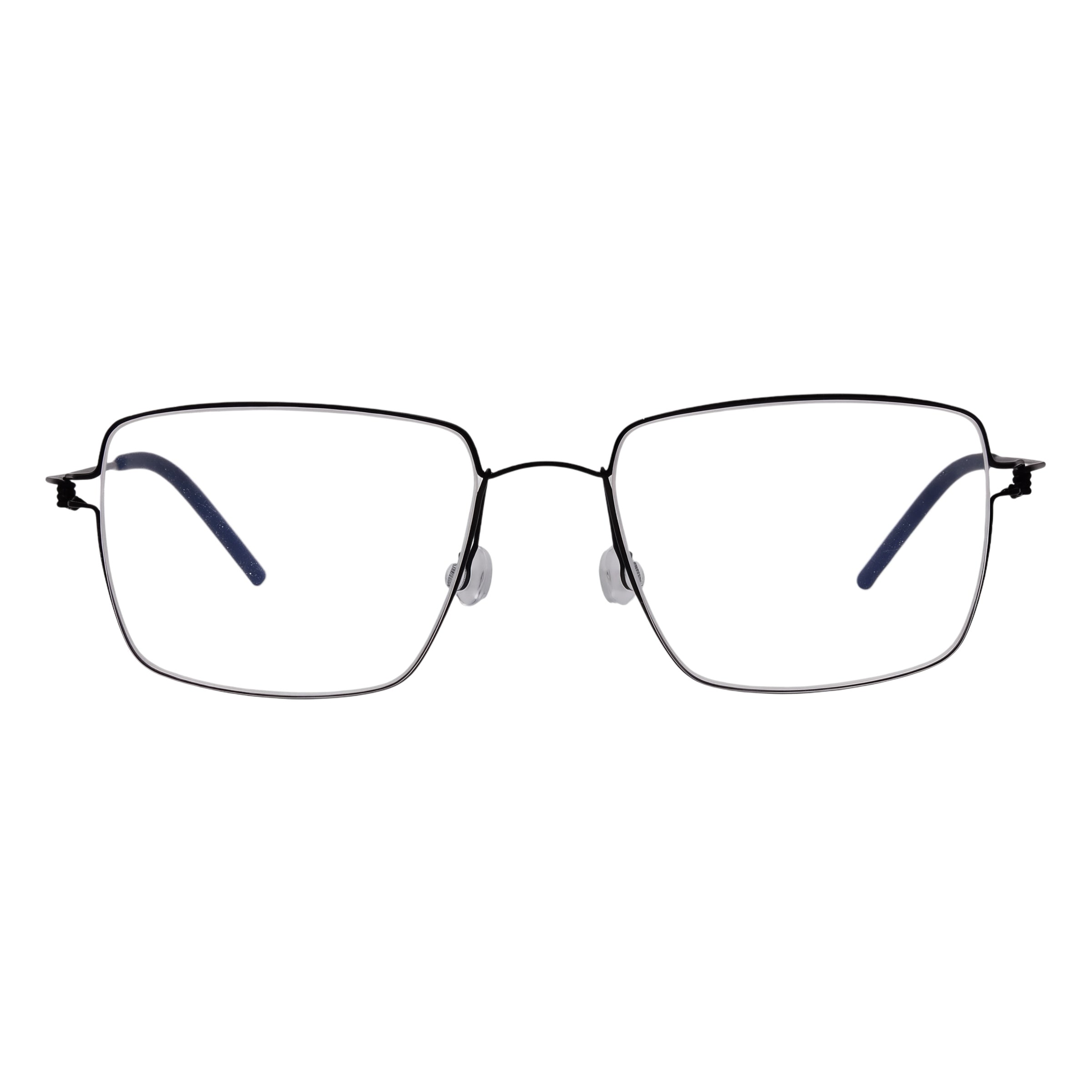 Blick Optical lightweight black metal square prescription eyeglasses with thin rims and adjustable nose pads.