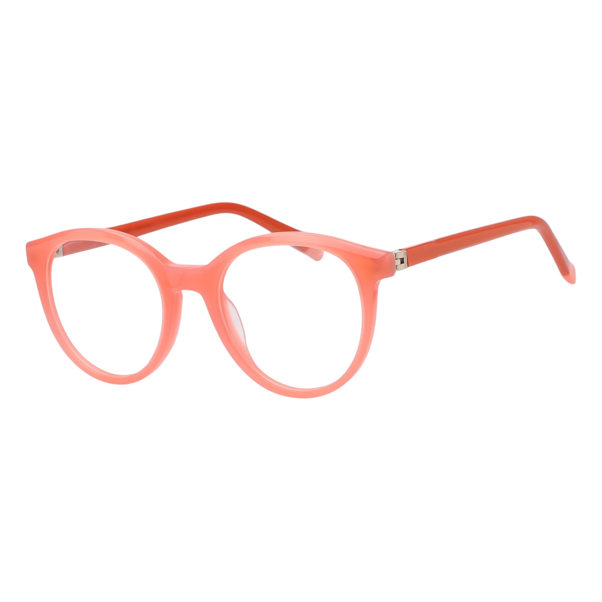 Blick Optical classic round eyeglasses in translucent coral acetate with a polished finish and lightweight frame.