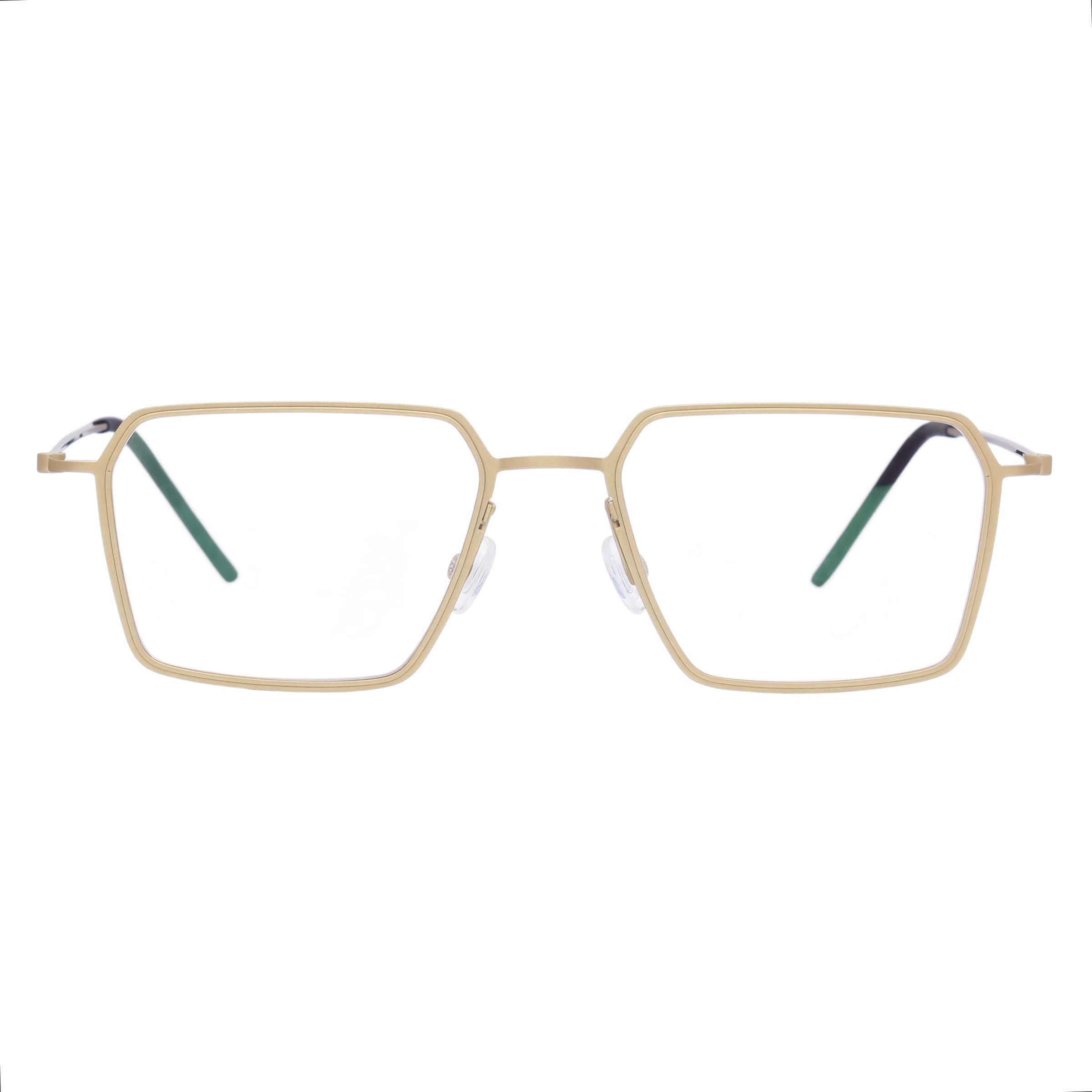 Blick Optical geometric gold metal frame eyeglasses with a minimalist angular design and adjustable nose pads.