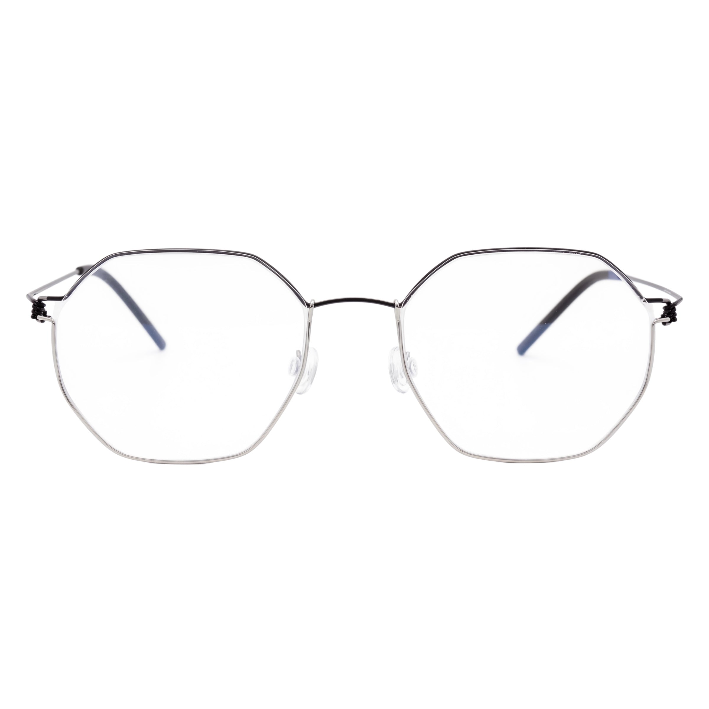 Blick Optical geometric metal eyeglasses with a thin silver frame and adjustable nose pads on a white background.