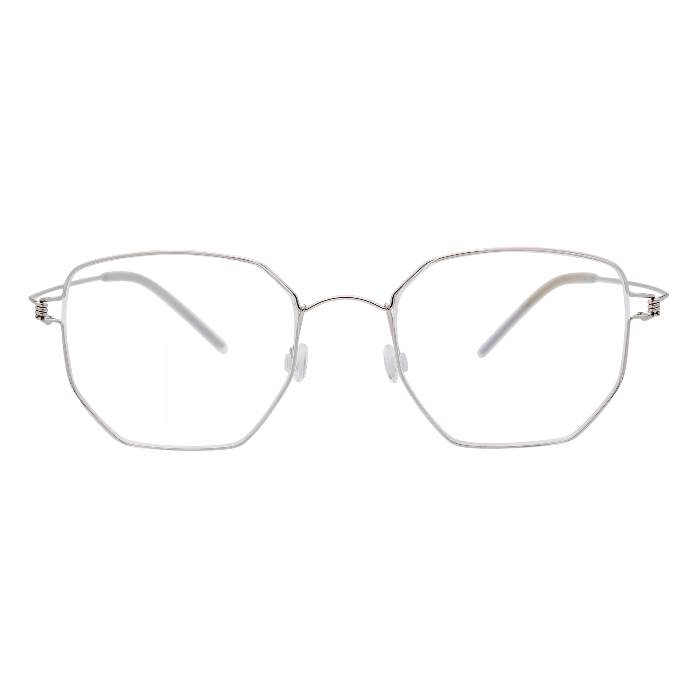 Blick Optical geometric metal frame eyeglasses with a sleek silver finish and adjustable nose pads.