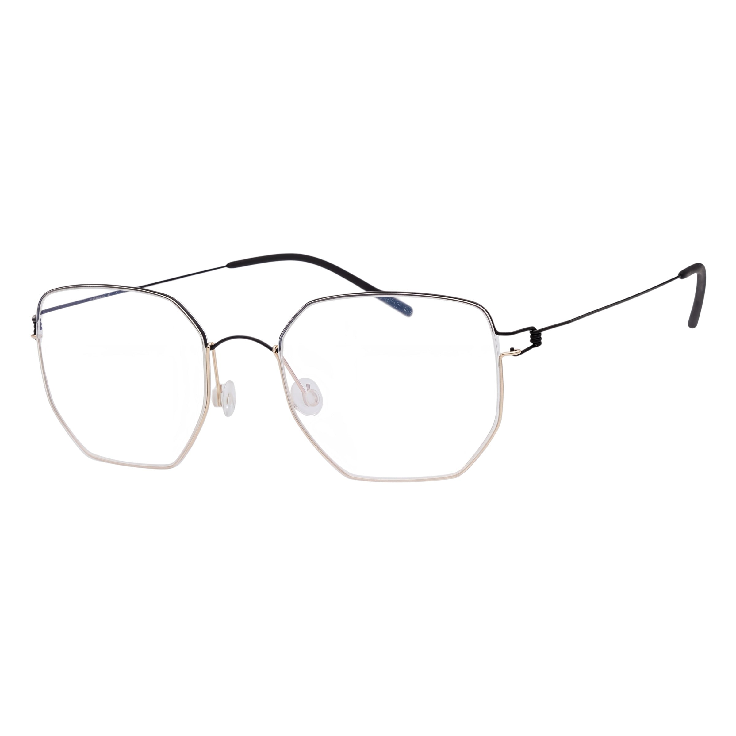 Blick Optical geometric metal frame eyeglasses with a slim gold and black design and adjustable nose pads.