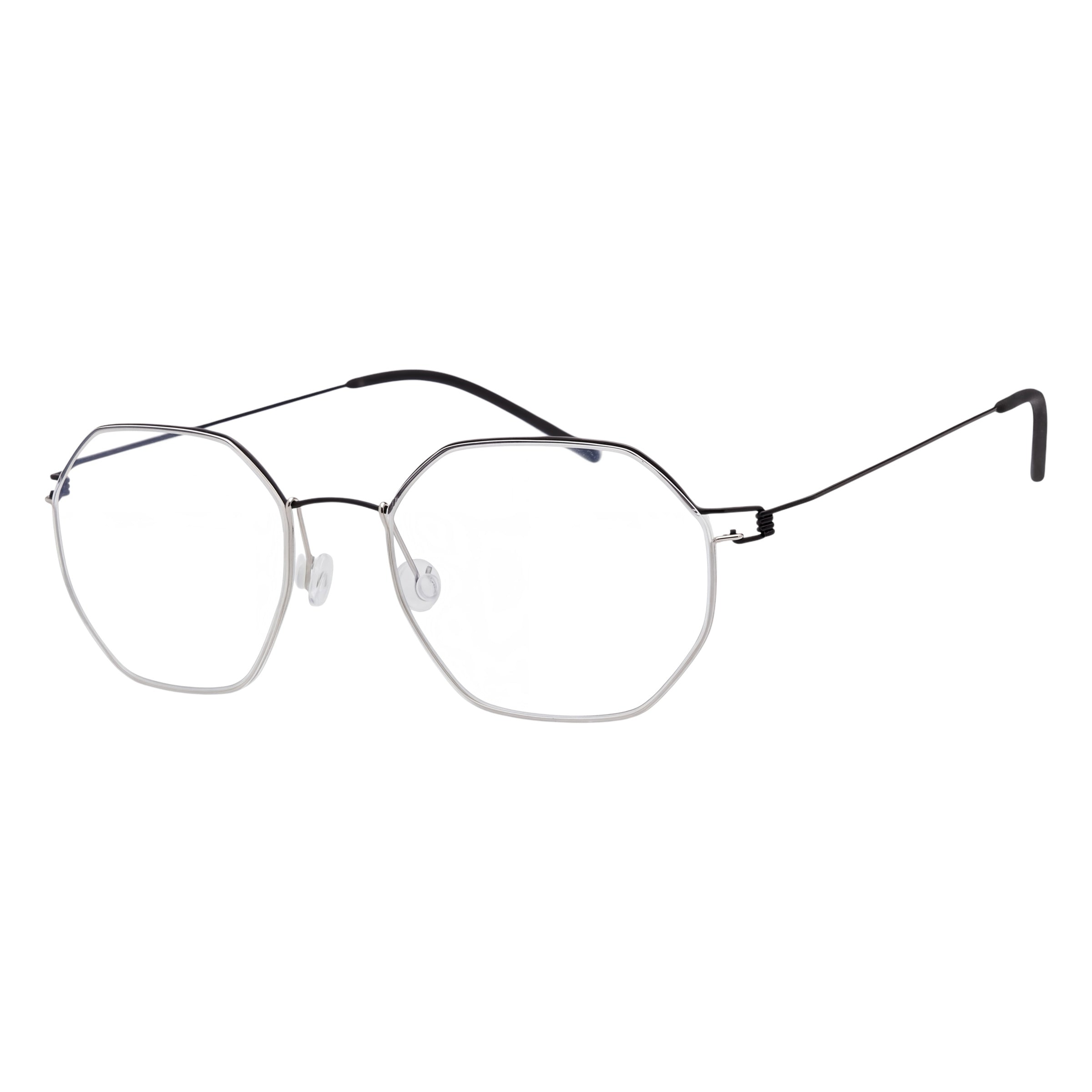 Blick Optical geometric metal eyeglasses with a sleek silver frame and thin black temples on a white background.