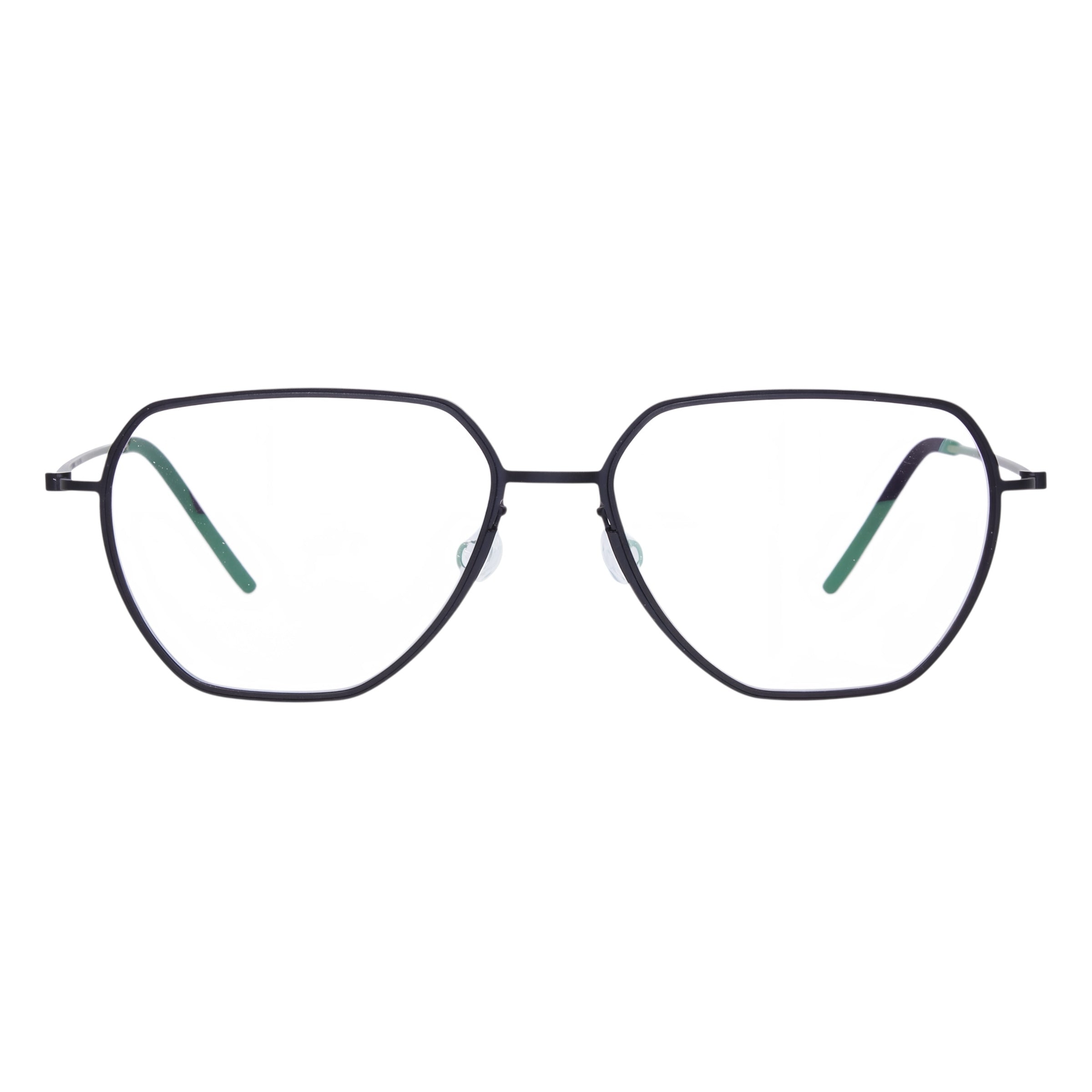 Blick Optical modern geometric metal eyeglasses with a slim black frame and angular lens shape.