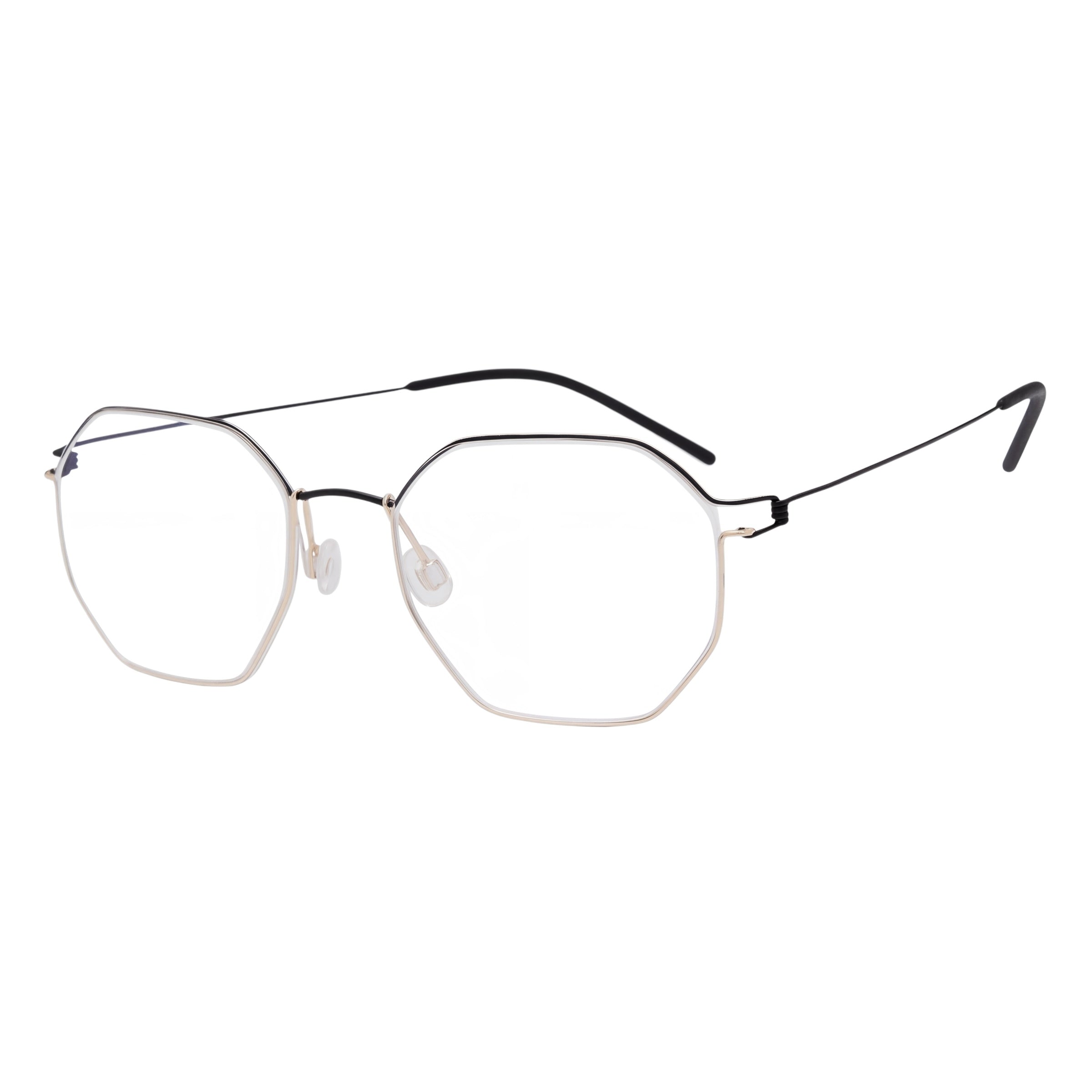 Blick Optical geometric metal eyeglasses with a lightweight, multi-faceted frame and adjustable nose pads.