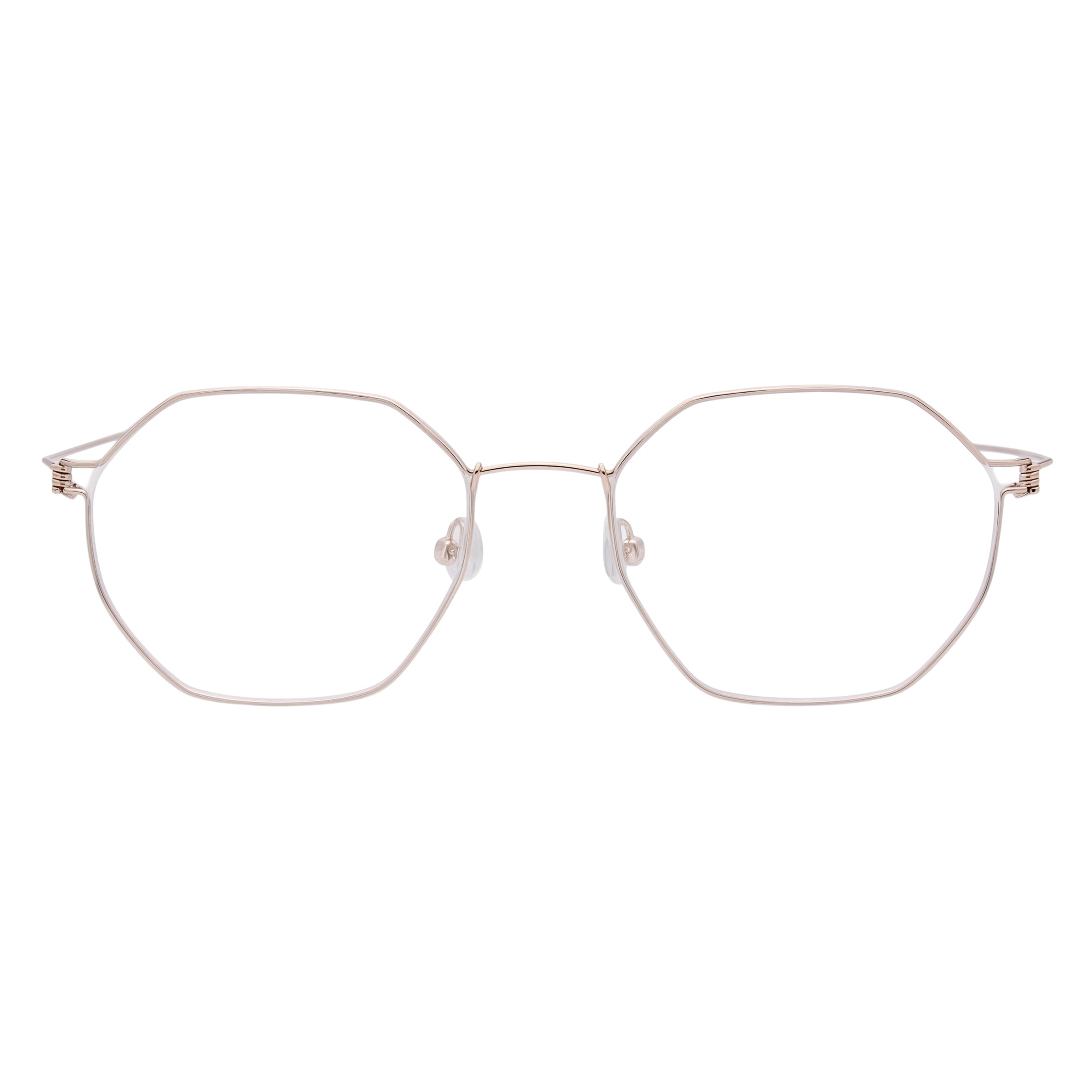 Blick Optical geometric metal eyeglasses in a rose gold finish with a lightweight, multi-faceted frame design.