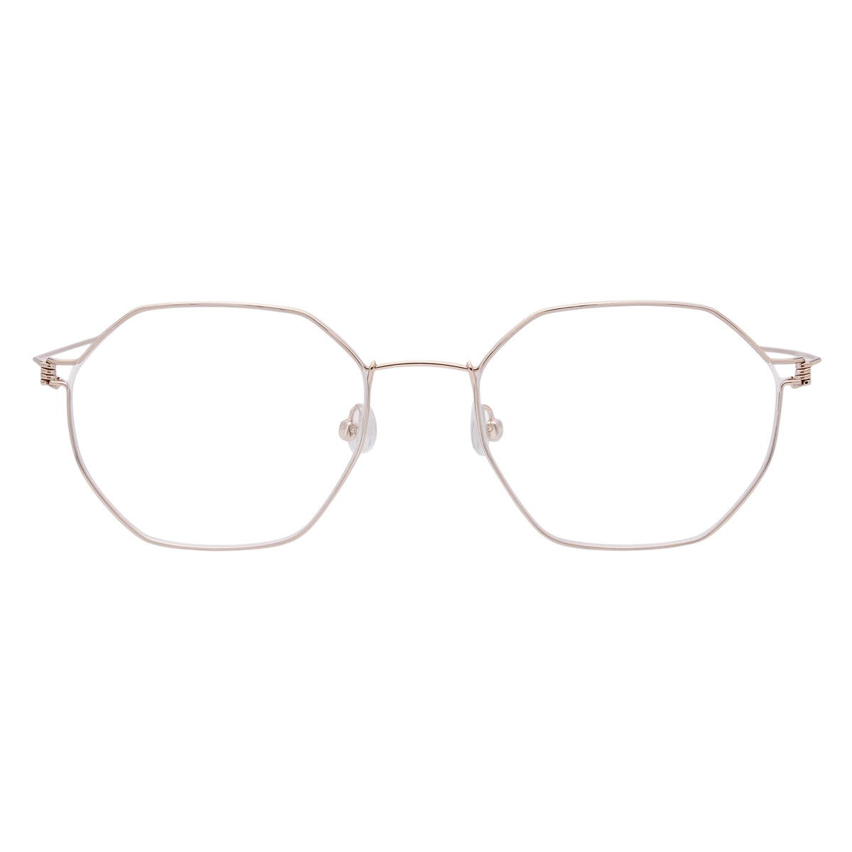 Blick Optical geometric metal eyeglasses in a rose gold finish with a lightweight, multi-faceted frame design.